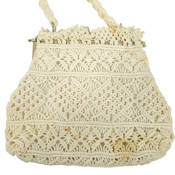 Vintage Crochet Handbag AS-IS READ Rope Handle Boho Purse Clasp Closure Cream - Picture 8 of 11